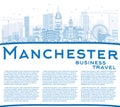 Outline Manchester Skyline with Blue Buildings and Copy Space.