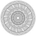 Outline mandala with linear patterns of straight lines and triangles, meditative coloring page