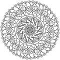 Outline mandala with many small doodle petals, coloring page with simple motifs and hearts