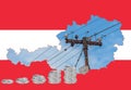 Outline map of Austria with the image of the national flag. Power line inside the map. Stacks of Euro coins. Collage. Energy