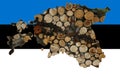 Outline map of Estonia with the image of the national flag. Firewood inside the map. Collage illustration. Energy crisis