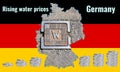 Outline map of Germany with the image of the national flag. Hatch for the water system inside the map. Stacks of Euro coins.