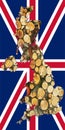 Outline map of Great Britain with the image of the national flag. Firewood inside the map. Collage illustration. Energy crisis Royalty Free Stock Photo