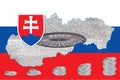 Outline map of Slovakia with the image of the national flag. Manhole cover of the gas pipeline system inside the map. Collage.