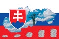 Outline map of the Slovakia with the image of the national flag. Power line inside the map. Stacks of euro coins. Collage. Energy