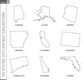 Outline maps of US states collection, nine black lined vector map Royalty Free Stock Photo