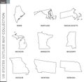 Outline maps of US states collection, nine black lined vector map Royalty Free Stock Photo