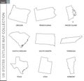 Outline maps of US states collection, nine black lined vector map Royalty Free Stock Photo