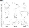 Outline maps of US states collection, nine black lined vector map