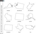 Outline maps of US states collection, nine black lined vector map