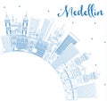 Outline Medellin Colombia City Skyline with Blue Buildings and C