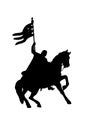 Outline of a medieval equestrian warrior with a flag in his hand.