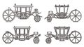 Outline medieval royal carriage icons, retro coach