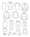 Outline men casual clothes for fitness training. Basic garments for gym workout. Vector thin line icons. Outfit for active man.