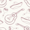 Outline mexican seamless pattern with sombrero, maracas and guit Royalty Free Stock Photo