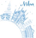 Outline Milan Skyline with Blue Landmarks and Copy Space.