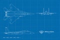 Outline military airplane blueprint. Top, side, front view of aircraft. Contour warcraft. USA army plane Royalty Free Stock Photo