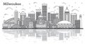 Outline Milwaukee Wisconsin City Skyline with Reflections and Modern Buildings Isolated on White Royalty Free Stock Photo
