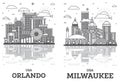 Outline Milwaukee Wisconsin and Orlando Florida City Skyline Set with Modern Buildings and Reflections Isolated on White Royalty Free Stock Photo