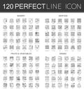 120 outline mini concept infographic symbol icons of bakery, seafood, fruits and vegetables, drinks. Royalty Free Stock Photo