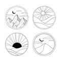 Outline minimalist sunset vector logos. Circle badges with mountain, desert, sea, moon and sun. Spa and travel illustrations. Royalty Free Stock Photo