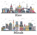 Outline Minsk Belarus and Kiev Ukraine City Skylines Set with Color Buildings Isolated on White