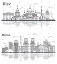 Outline Minsk Belarus and Kiev Ukraine City Skylines Set with Historic Buildings and Reflections Isolated on White