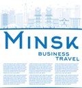 Outline Minsk skyline with blue buildings and copy space.