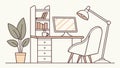 Outline of a modern home office with computer and lamp, vector design Generative AI Royalty Free Stock Photo