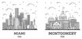 Outline Montgomery Alabama and Miami Florida City Skyline Set