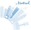 Outline Montreal skyline with blue buildings and copy space.