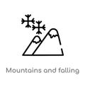 outline mountains and falling snowflakes vector icon. isolated black simple line element illustration from nature concept.