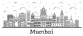 Outline Mumbai India City Skyline with Historic Buildings Isolated on White