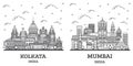 Outline Mumbai and Kolkata India City Skyline Set