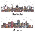Outline Mumbai and Kolkata India City Skylines with Color Buildings Isolated on White