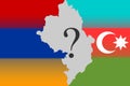 Outline of Nagorno-Karabakh Republic territory with question mark between the national flags of Armenia and Azerbaijan.