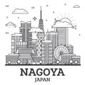 Outline Nagoya Japan City Skyline with Modern Buildings Isolated on White. Nagoya Cityscape with Landmarks