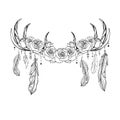 Outline native drawing of deer antlers with feathers and roses. Tribal illustration. Vector boho element