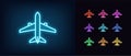 Outline neon airplane icon. Glowing neon plane sign, aircraft pictogram in vivid colors