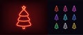 Outline Neon Christmas Tree Icon. Glowing Neon Christmas Tree With Star And Plump Rounded Shape, Xmas Pictogram