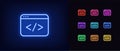 Outline neon coding icon. Glowing neon app window with code sign, web development pictogram