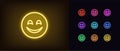 Outline neon emoji icon. Glowing neon cute emoji sign, smiley emoticon pictogram in vivid colors