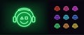 Outline neon gamer icon. Glowing neon emoticon gamer with headphones, esports geek logo