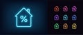 Outline neon house icon. Glowing neon home with percentage sign, house mortgage pictogram. Real estate insurance