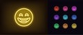 Outline neon laugh emoji icon. Glowing neon laughing emoticon sign, humor face pictogram. Funny joke