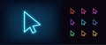 Outline neon mouse cursor icon. Glowing neon computer arrow sign to select and click, interface pointer pictogram