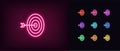 Outline neon target icon. Glowing neon target sign, aim pictogram, bullseye hit p