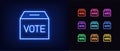 Outline neon vote box icon. Glowing neon voting box with text Vote, public polling and election day pictogram. Politic voting
