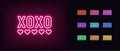 Outline neon XOXO icon. Glowing neon XOXO text with hearts, love pictogram. Hugs and kisses slogan