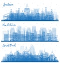 Outline New Orleans Louisiana, Saint Paul Minnesota and Jackson Mississippi City Skylines Set